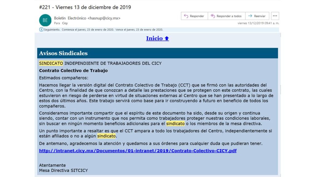 Aviso sindical Contrato colectio de trabajo