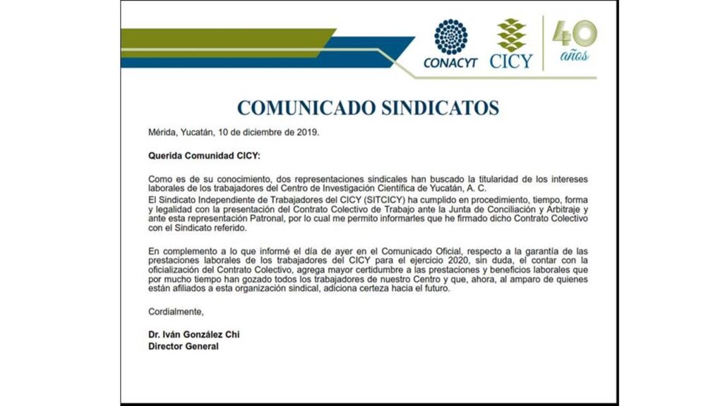 Comunicado a sindiatos