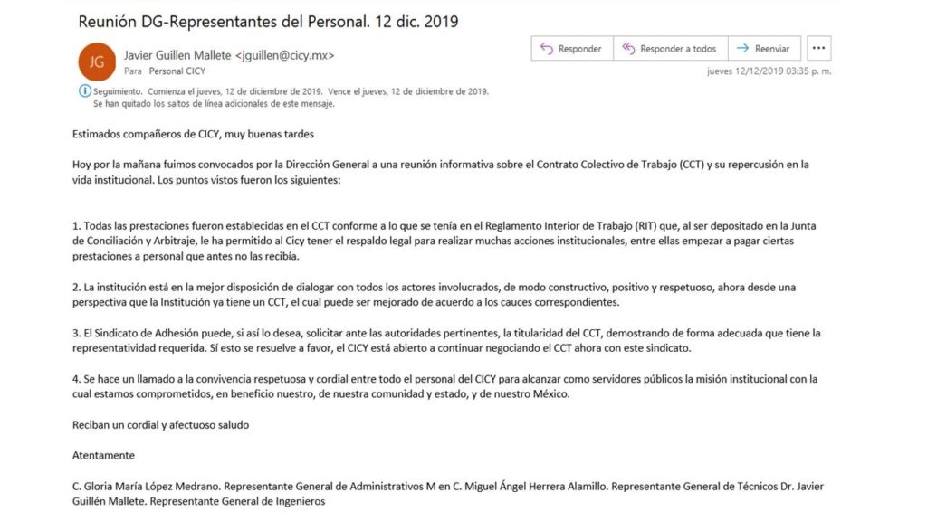 Reunion con direccion general y representantes del personal
